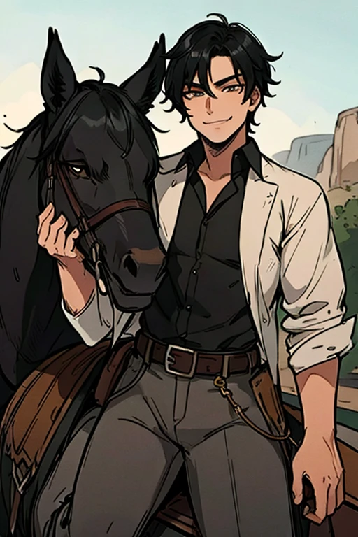 Perfect face. Perfect hands. A black haired male cowboy with golden eyes and black fox ears and a black fox tail in a sheriff's outfit is riding a horse in a wild west town with a big smile