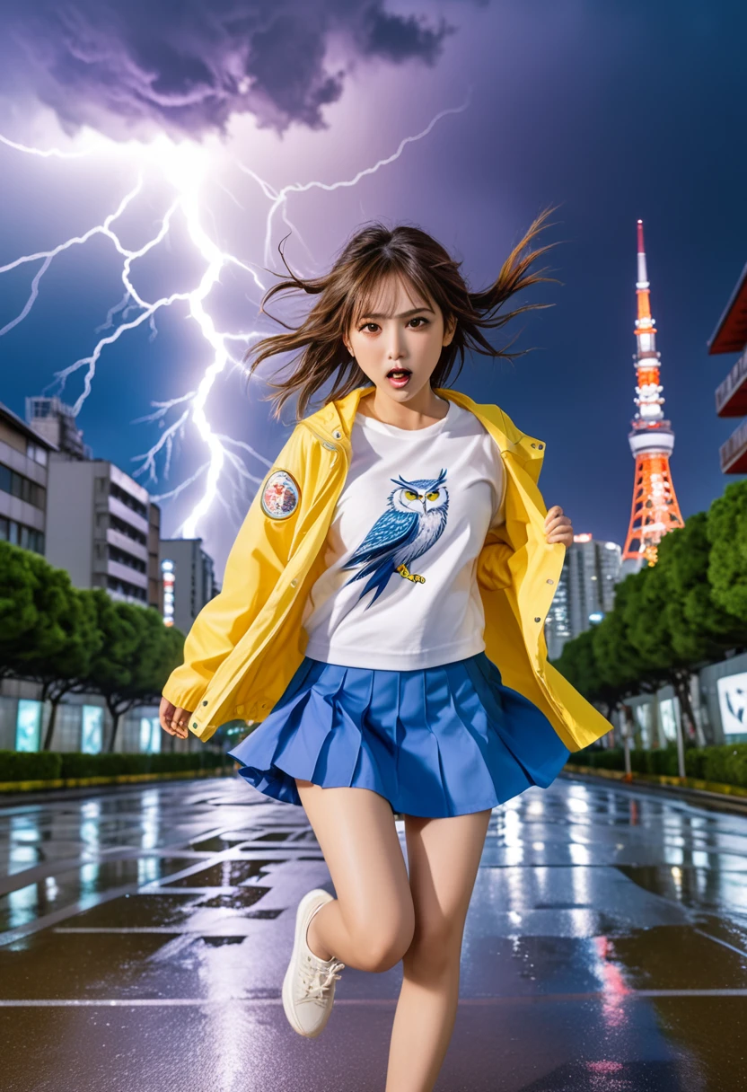 Light blue long hair、Twin-tailed Girl, Flowing hair and a stern face, Running through the city、Tokyo Tower in the background、Lightning on Tokyo Tower、Heavy rain and thunder、Splash Art、White owl flying in the sky、She is wearing a yellow oversized jacket., Casual T-shirts, and short skirt, Complement with sneakers. Lightning from the sky、 A flash of light runs、Face Highlights、The girl is depicted in an action pose, Release your energy and sense of adventure, A gentle breeze blows through her hair. anime girl in a field with lightning in the sky, goddess of lightning, Splashes of lightning behind her, with lightning, detailed lighting and thunder, she is attracting lightning,