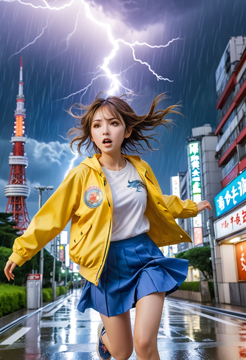 Light blue long hair、Twin-tailed Girl, Flowing hair and a stern face, Running through the city、Tokyo Tower in the background、Lightning on Tokyo Tower、Heavy rain and thunder、Splash Art、White owl flying in the sky、She is wearing a yellow oversized jacket., Casual T-shirts, and short skirt, Complement with sneakers. Lightning from the sky、 A flash of light runs、Face Highlights、The girl is depicted in an action pose, Release your energy and sense of adventure, A gentle breeze blows through her hair. anime girl in a field with lightning in the sky, goddess of lightning, Splashes of lightning behind her, with lightning, detailed lighting and thunder, she is attracting lightning,
