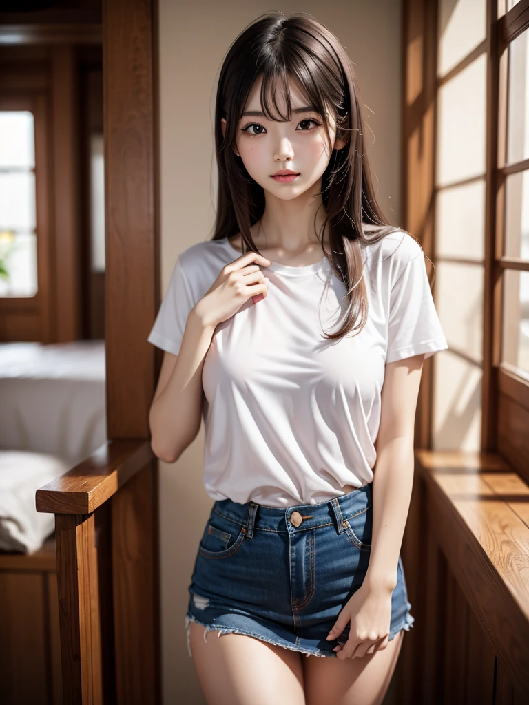 (************:1.4),(Very Young Face),japanese femes idol, 1girl, (absurdres, highres, ultra detailed, high resolution: 1.1) BREAK 1 girl, solo, medium breasts, shy, BREAK brown hair, medium hair, hair between eyes, brown eyes, BREAK T-shirt, denim miniskirt, white or pale pink or pale blue panties, BREAK pantydrop, standing, arm up, pussy, pussy line, BREAK nice hands, perfect hands,