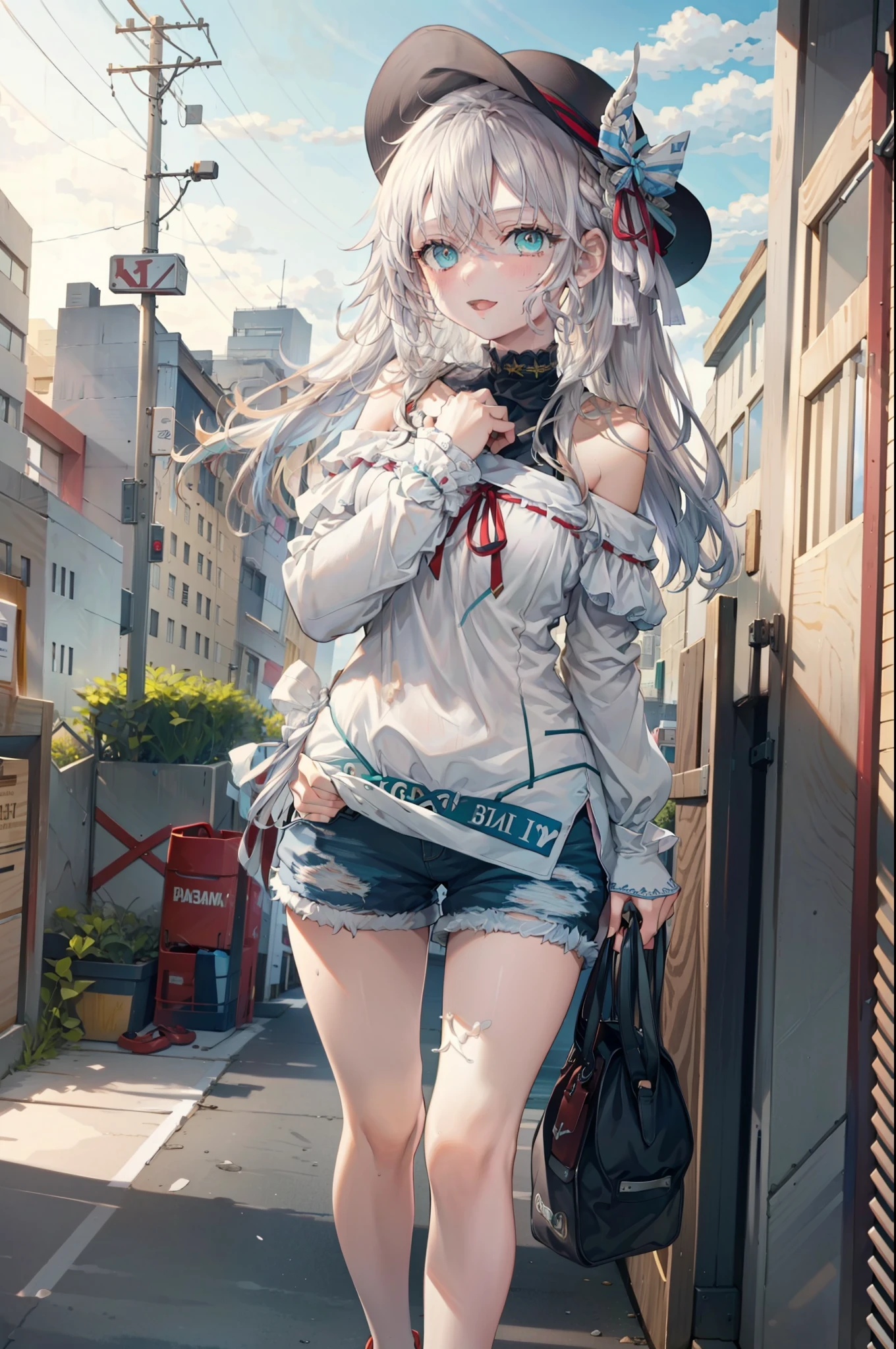 Alisa Mikhailovna Kujo,Hair between the eyes, Aqua Eye, Gray Hair, Long Hair, ribbon, hair ribbon, Oversized one-shoulder shirt,Shorts,Heeled Sandals,Baseball hats,walk,happy smile, smile, Open your mouth,whole bodyがイラストに入るように,Daytime,Clear skies,
break outdoors, Building district,
break looking at viewer, whole body,
break (masterpiece:1.2), Highest quality, High resolution, unity 8k wallpaper, (figure:0.8), (Beautiful attention to detail:1.6), Highly detailed face, Perfect lighting, Highly detailed CG, (Perfect hands, Perfect Anatomy),