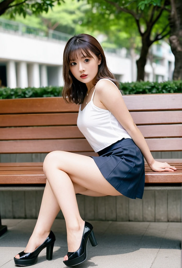 foot、Photographed from the front、mini skirt、No underwear、Sit on a bench with your legs spread apart、Take secret photos、Low angle shooting