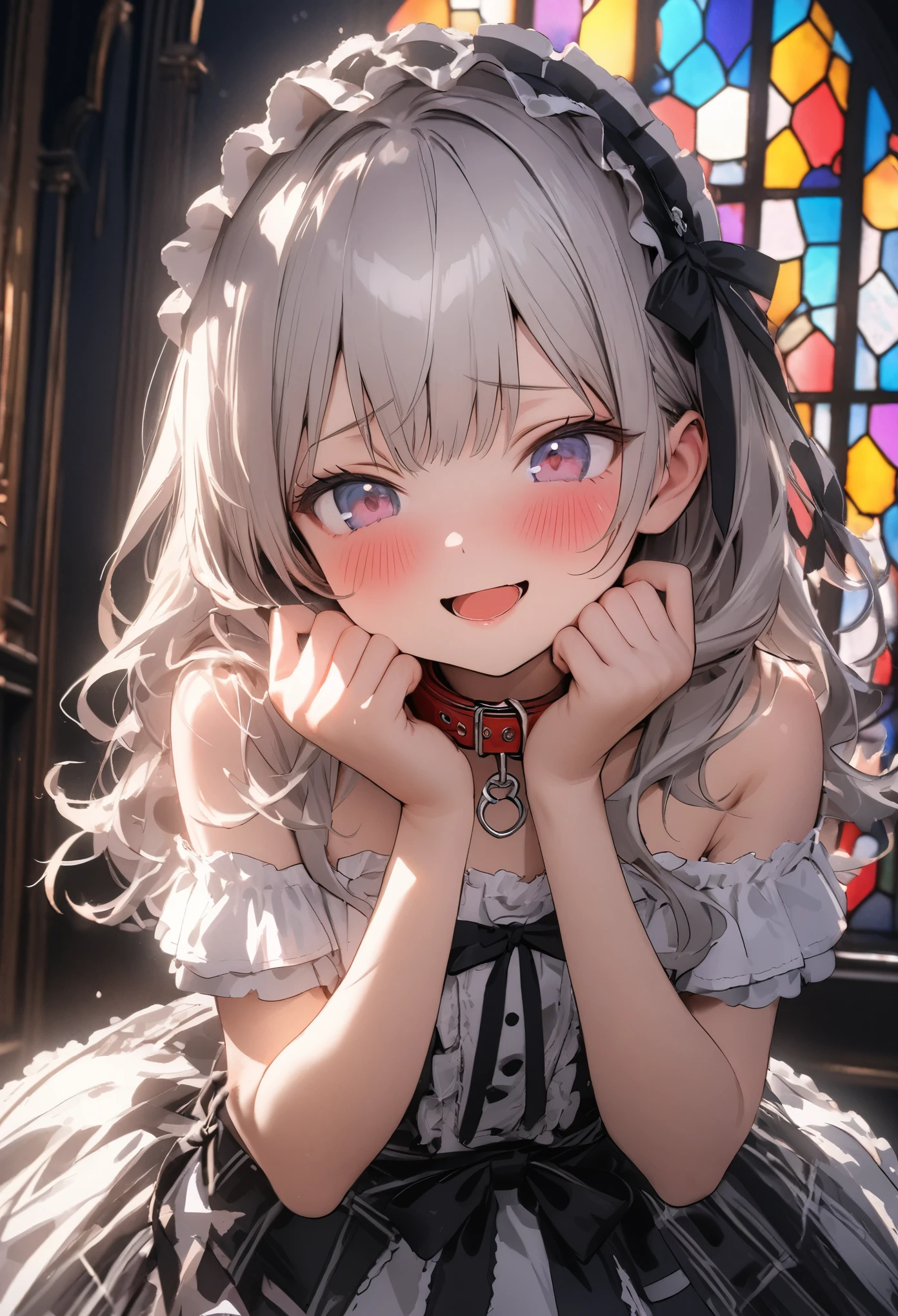 ((Masterpiece)), ((best quality)), ((kawaii)), ((extremely detailed)), (sketch:0.3), (RAW photo:1.2), (8K), (High Definition:1.3), (Professional Photography:1.2), cinematic lighting, (very aesthetic:1.2), (absurdres:1.2), (sharp focus), (perfect light), ((12 years old)), cute teenage girl, Plaid dress, (Off-Shoulder dress), hoop dress, strapless, (lolita fashion), (healthy skin), pale silver hair, ((cover cheeks with both hands)), exposed bare shoulder and arms, lolita style, ((looking at another)), ((avert eyes)), naughty smile, blush, open mouth, pretty, lolita makeup, Wearing loose pet collar, ((against the stained glass background)), ribbon belt, beautiful stained glass,