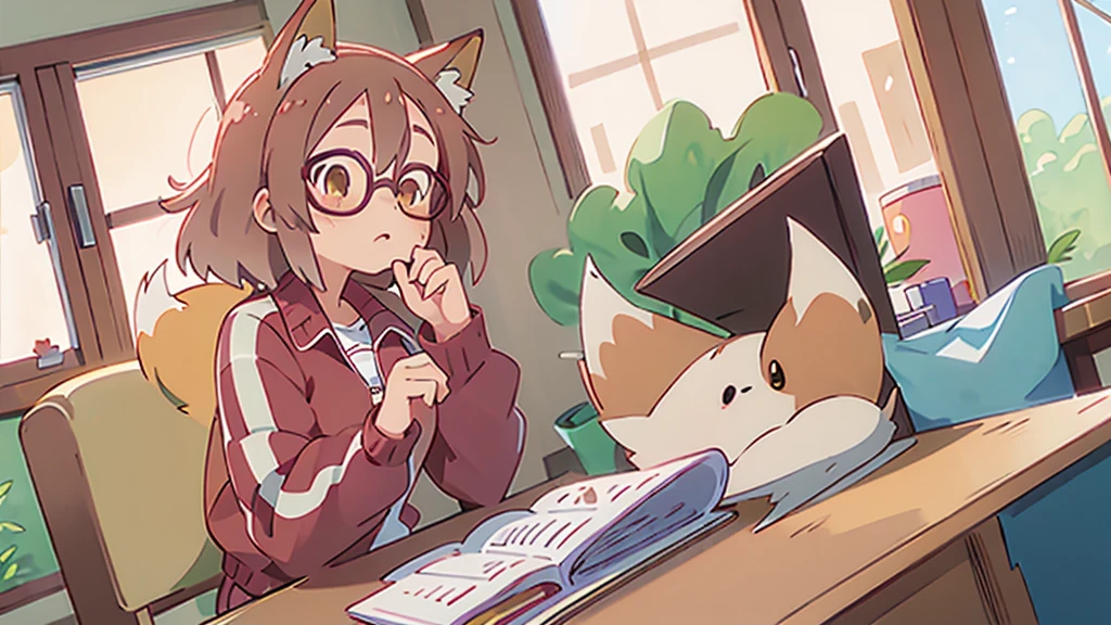 Masterpiece, solo, 1 girl, character design based on miyako, 2D, anime girl with fox ears and tail, track jacket,l, red rimmed glasses, yellow eyes, cute, gray messy hair, sitting at desk, studying