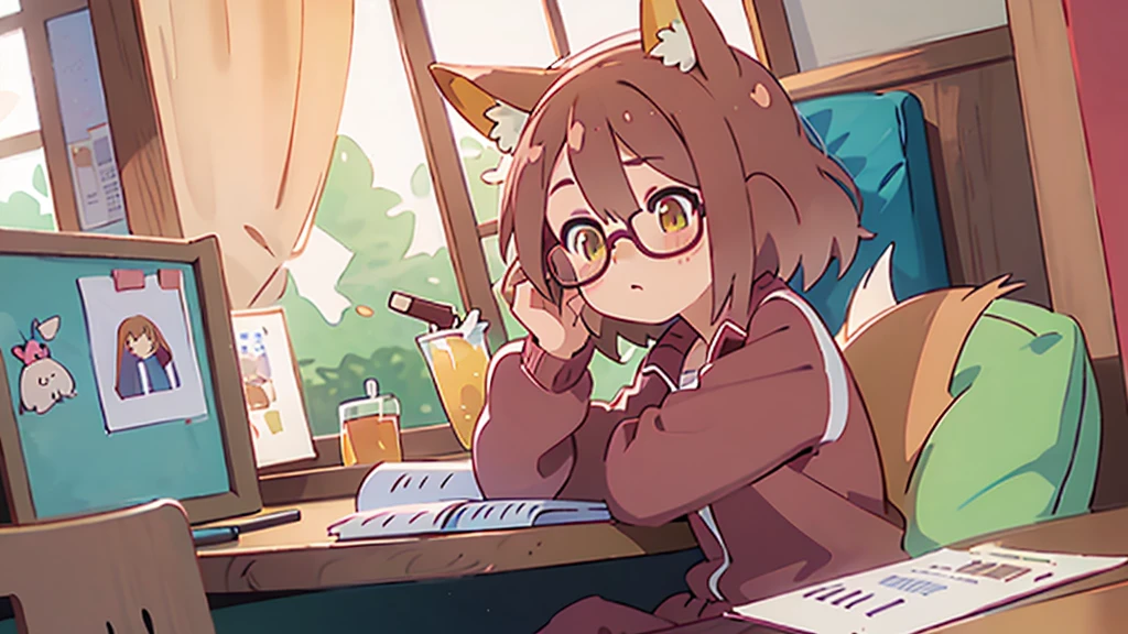 Masterpiece, solo, 1 girl, character design based on miyako, 2D, anime girl with fox ears and tail, track jacket,l, red rimmed glasses, yellow eyes, cute, gray messy hair, sitting at desk, studying