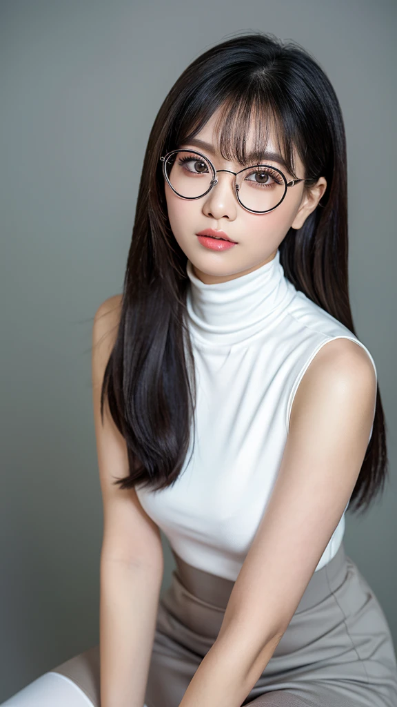 (Detailed face),((between legs)),mini skirt,Silver-rimmed round glasses,Normal chest,cute,Sleeveless and(turtleneck)White silky clothes,4K,Ultra-high resolution,（Photorealistic：1.7）,Gray background,Long black hair,