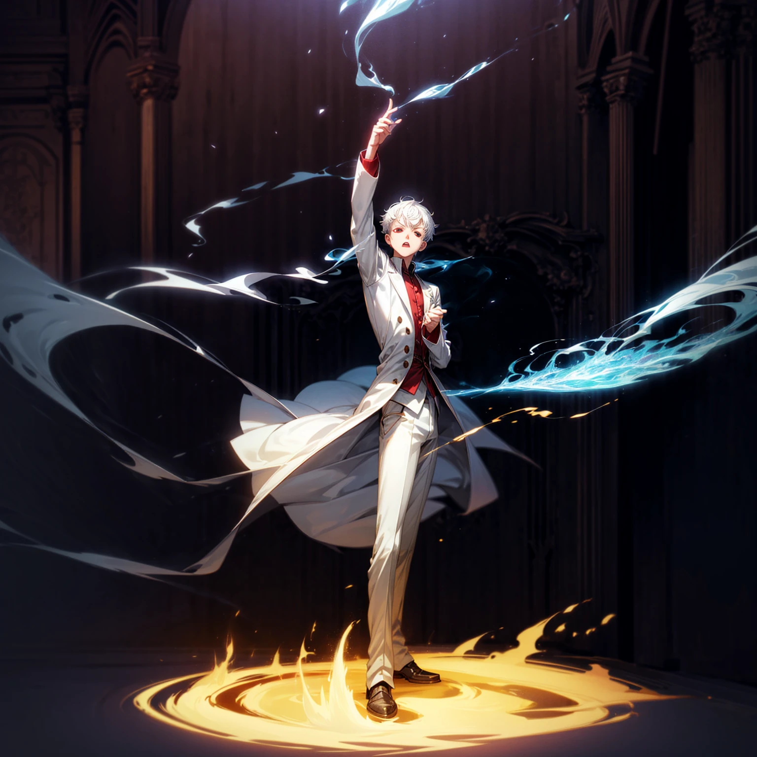 Solo, vampire, boy, Full body version, light red eyes, wavy haircut, white color hair, suit style outfit, Grassroots, full background indoor room Castle, motion blur, lighting, (one piece style art), light fire on hand, light fire in hand, standing gesture, light fire blue, smoke effect, plasma effect, aura effect, evening, ultra detailed