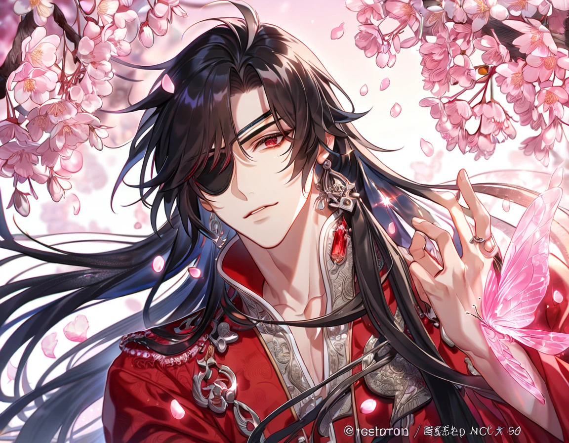 absurdres, highres, ultra detailed, HDR, master piece, best quality, extremely detailed, Hua Cheng, black hair, long hair, expressive red eyes, Heaven Official's Blessing, solo, sexy man, handsome, sensual, red robes, black eye patch, fantasy, magical, sparkling, pink glittering fireflies, pink ice, pink ice butterflies, pink ice petals, pink ice cherry blossoms, pink crystal