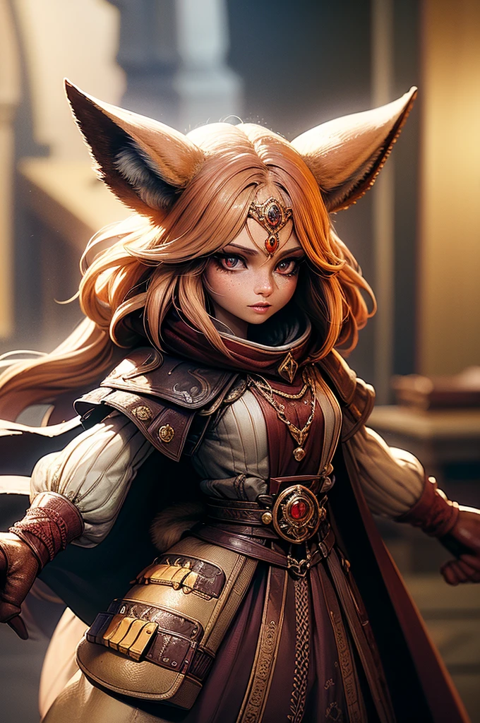 a half-fennec fox woman, beautiful detailed eyes, beautiful detailed lips, extremely detailed face and skin, long eyelashes, deep red hair, blue eyes, freckles, naive smile, wearing gold and white inventor/scientist clothes, gears and gadgets, futuristic, intricate details, complex machinery, 4k, 8k, highres, masterpiece, ultra-detailed, photorealistic, vivid colors, studio lighting, digital painting, concept art, sci-fi