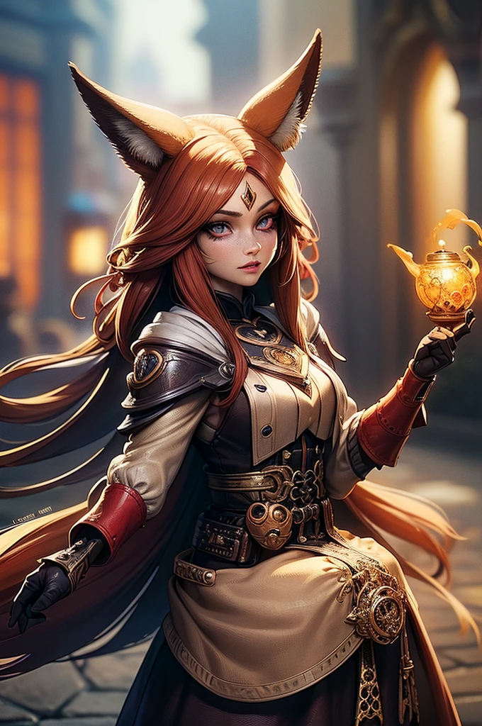 a half-fennec fox woman, beautiful detailed eyes, beautiful detailed lips, extremely detailed face and skin, long eyelashes, deep red hair, blue eyes, freckles, naive smile, wearing gold and white inventor/scientist clothes, gears and gadgets, futuristic, intricate details, complex machinery, 4k, 8k, highres, masterpiece, ultra-detailed, photorealistic, vivid colors, studio lighting, digital painting, concept art, sci-fi