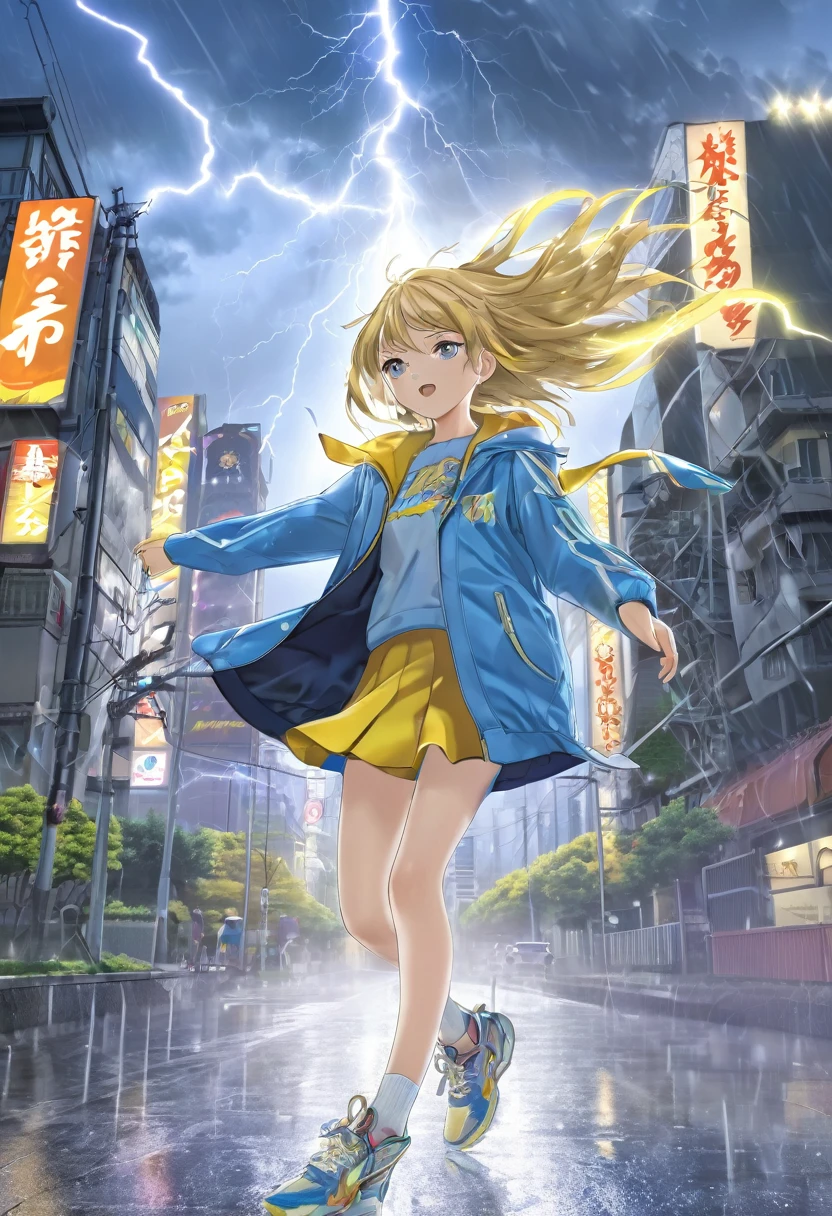 Light blue long hair、Twin-tailed Girl, Flowing hair and a stern face, Running through the city、Tokyo Tower in the background、Lightning on Tokyo Tower、Heavy rain and thunder、Splash Art、White owl flying in the sky、She is wearing a yellow oversized jacket., Casual T-shirts, and short skirt, Complement with sneakers. Lightning from the sky、 A flash of light runs、Face Highlights、The girl is depicted in an action pose, Release your energy and sense of adventure, A gentle breeze blows through her hair. anime girl in a field with lightning in the sky, goddess of lightning, Splashes of lightning behind her, with lightning, detailed lighting and thunder, she is attracting lightning, 