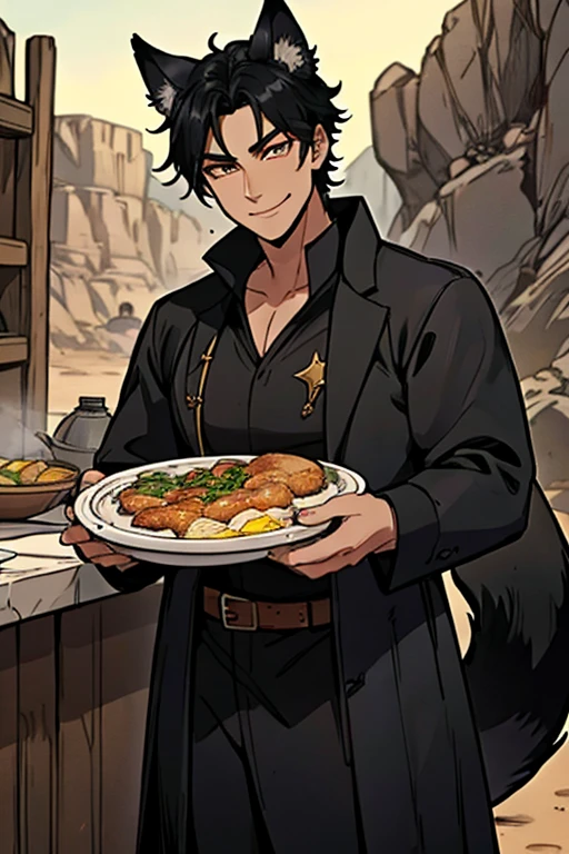 Perfect face. Perfect hands. A black haired male cowboy with golden eyes and black fox ears and a black fox tail in a sheriff's outfit is making dinner in the desert of a wild west town with a big smile