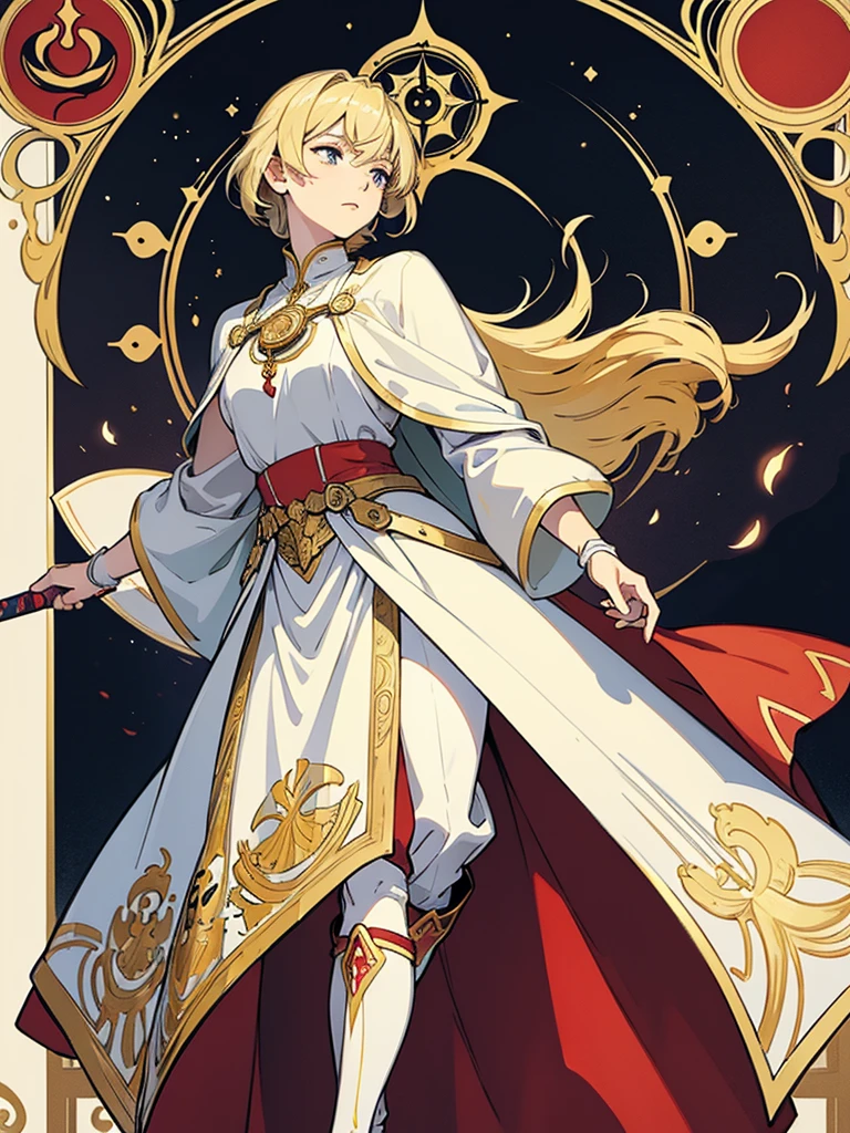 (masterpiece, best quality:1.2),illustration art,work of art, best qualityer, 1 men, grown-up, medium blonde hair, Oh sleep \(tarot\), wearing a red and gold armor,white cape,golden gloves,white boots,holding a sword,symbolism,visual artwork, occult, universal,Vision casting, philosophical, iconography, numerology, Popularity,artistic,Alfons Mucha