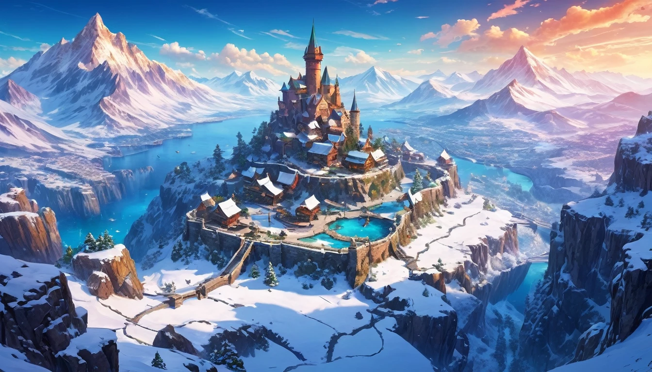 (anime, fantasy, snow land), (best quality, highres, HDR:1.2), vibrant colors, mysterious atmosphere, dnd map, map, view from above, landmark, point of interest, fantastical landscapes