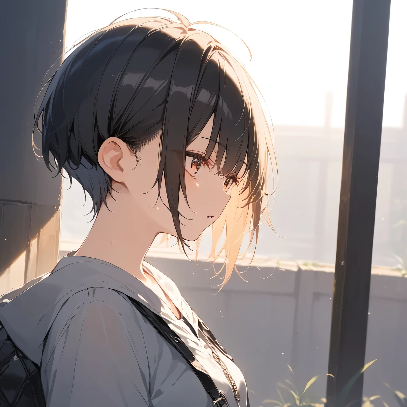 score_9, score_8_up, score_7_up, source_anime, best quality, masterpiece, official art, absurdres, highres, ultra-detailed,waifu2x,Collection: Slice of Life,break,1girl, tomboy, very short hair, pixie cut, breasts, pants, open eyes, beautiful detailed eyes, expressionless, sweat, parted lips, sleepily,  outdoors, break,(clear line illustration:1.2), super detailed skin,very high resolution, very aesthetic, Best sexual lighting powered by famous artist, 8k,cute picture,beauty illustration,photoshop_(medium),,(Detailed Lighting),best anime 8k konachan wallpaper, pixiv contest winner, 