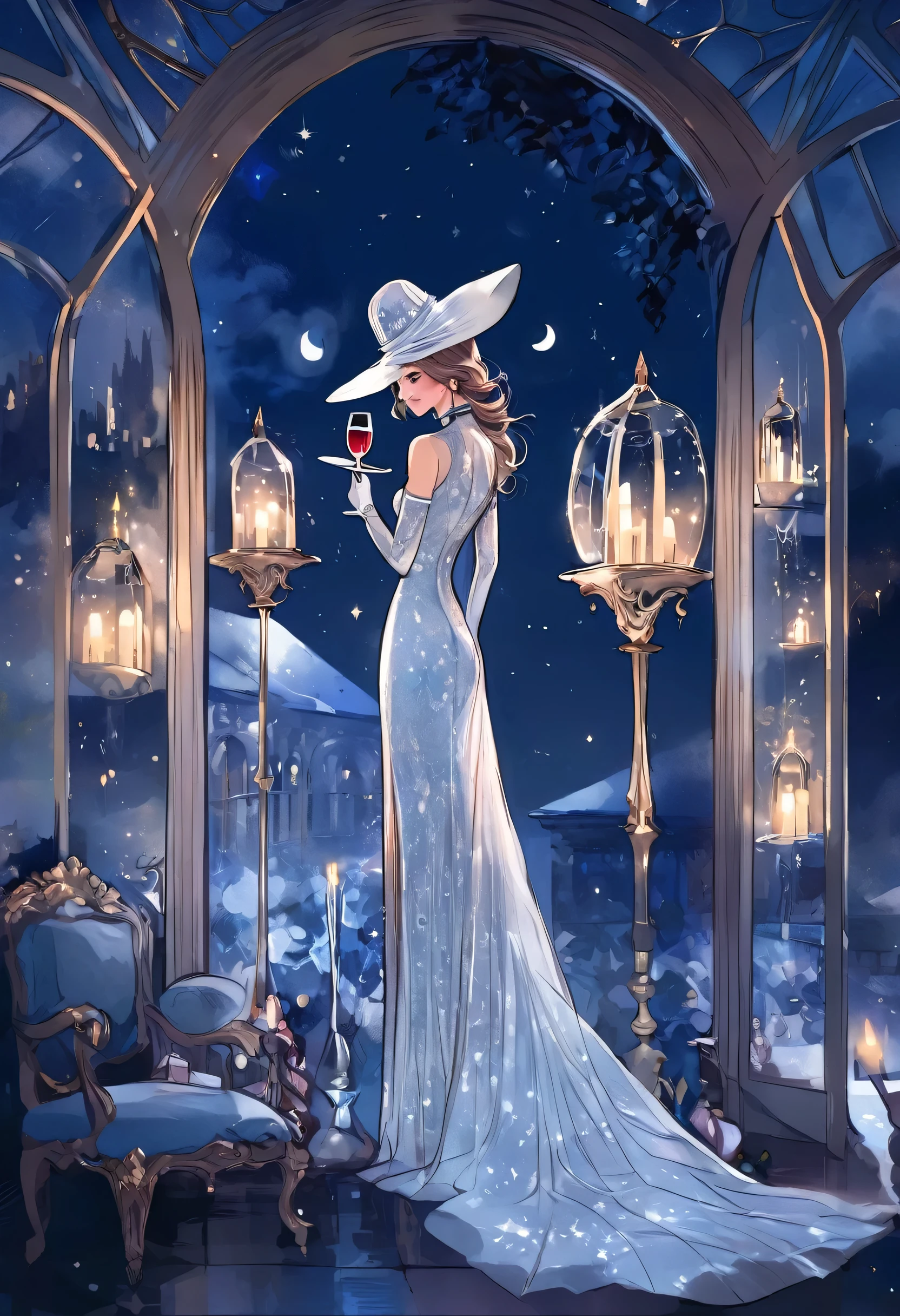 hat, a girl in transparent long dress, full moon, elbow_gloves,stiletto_heels, candles, wine_glass