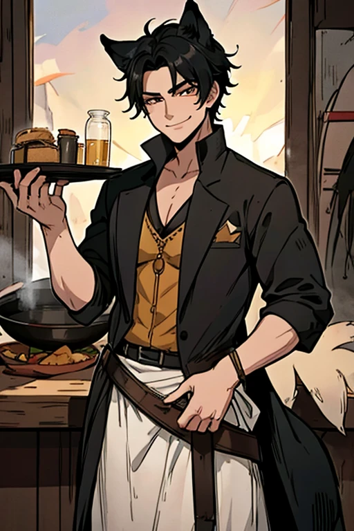 Perfect face. Perfect hands. A black haired male cowboy with golden eyes and black fox ears and a black fox tail in a sheriff's outfit is making dinner in the desert of a wild west town with a big smile