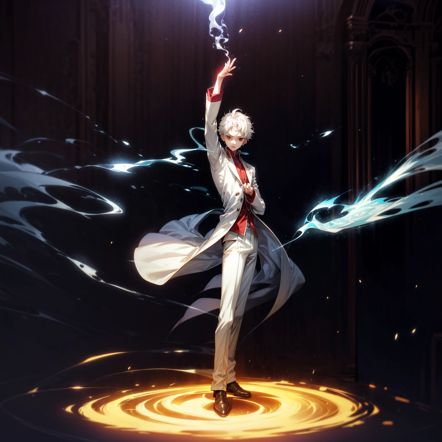 Solo, vampire, boy, Full body version, light red eyes, wavy haircut, white color hair, suit style outfit, Grassroots, full background indoor room Castle, motion blur, lighting, (one piece style art), light fire on hand, light fire in hand, standing gesture, light fire blue, smoke effect, plasma effect, aura effect, evening, ultra detailed