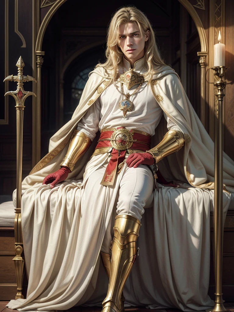 (masterpiece, best quality:1.2)，illustration art，work of art, best qualityer,  1 men, grown-up, medium blonde hair, Oh sleep \(tarot\), wearing a red and gold armor，white cape，golden gloves，white boots，holding a sword，symbolism，visual artwork, occult, universal，Vision casting, philosophical, iconography, numerology, Popularity，artistic，Alfons Mucha