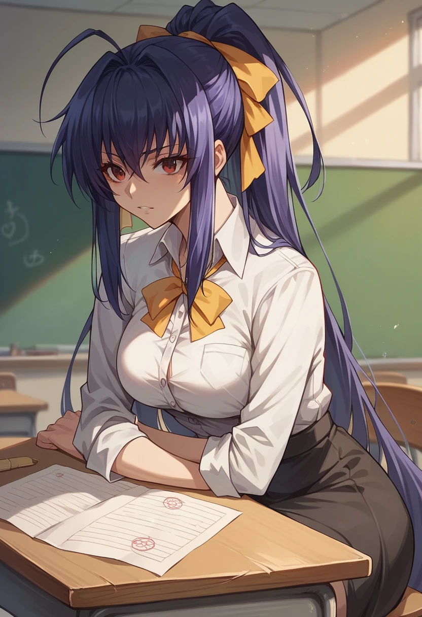 1 girl, Akeno Himejima from Highschool DXD, sitting at a table, classroom, wearing  outfit