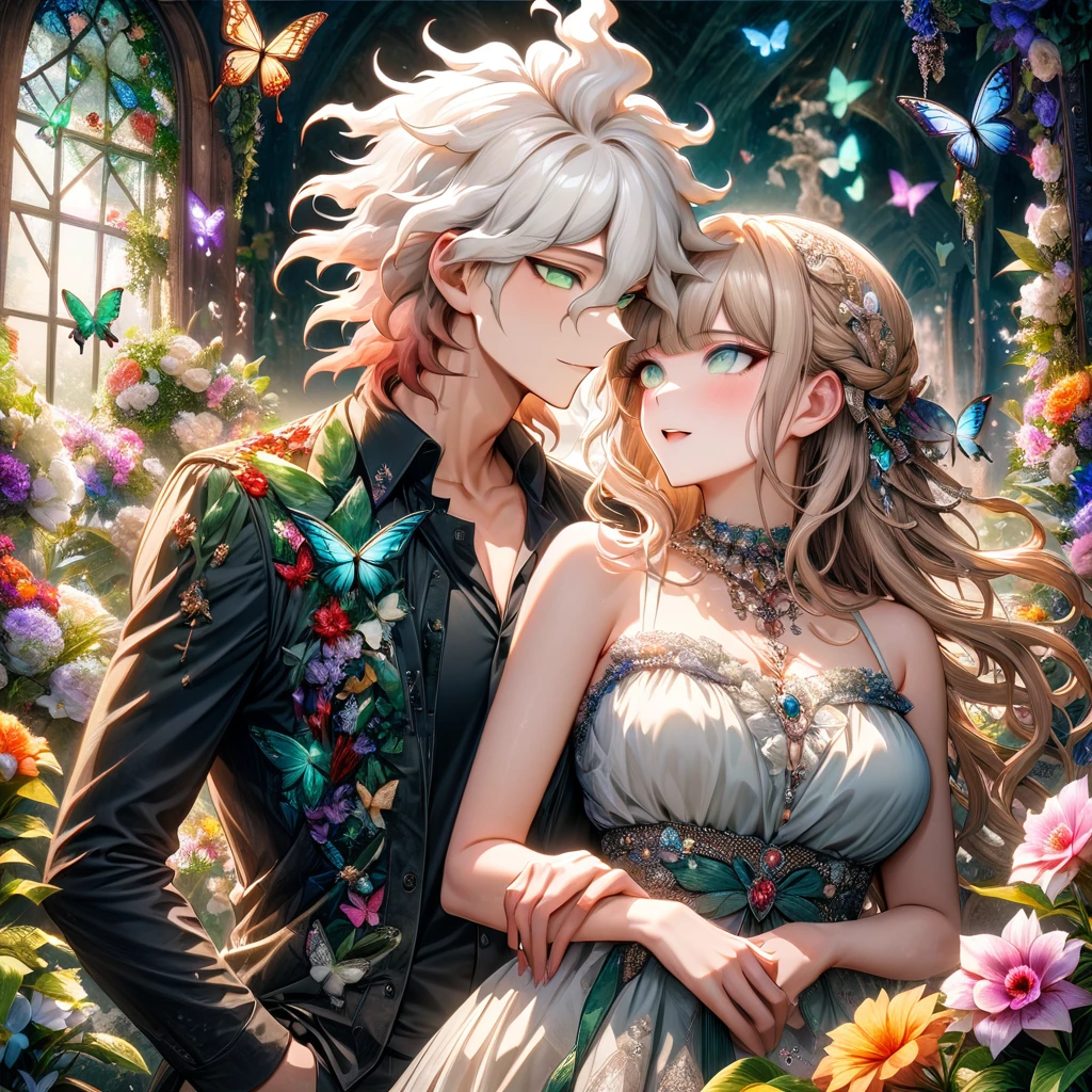 Ultra detailed, HDR, Highres, absurdres, master piece, Aida, ash blonde hair, expressive green eyes, Komaeda Nagito, white hair, expressive green-gray eyes, black clothes, Danganronpa 2, flowers, butterflies, fantasy, magical, green leaves, summer, a beautiful woman together with a handsome man, couple, love,