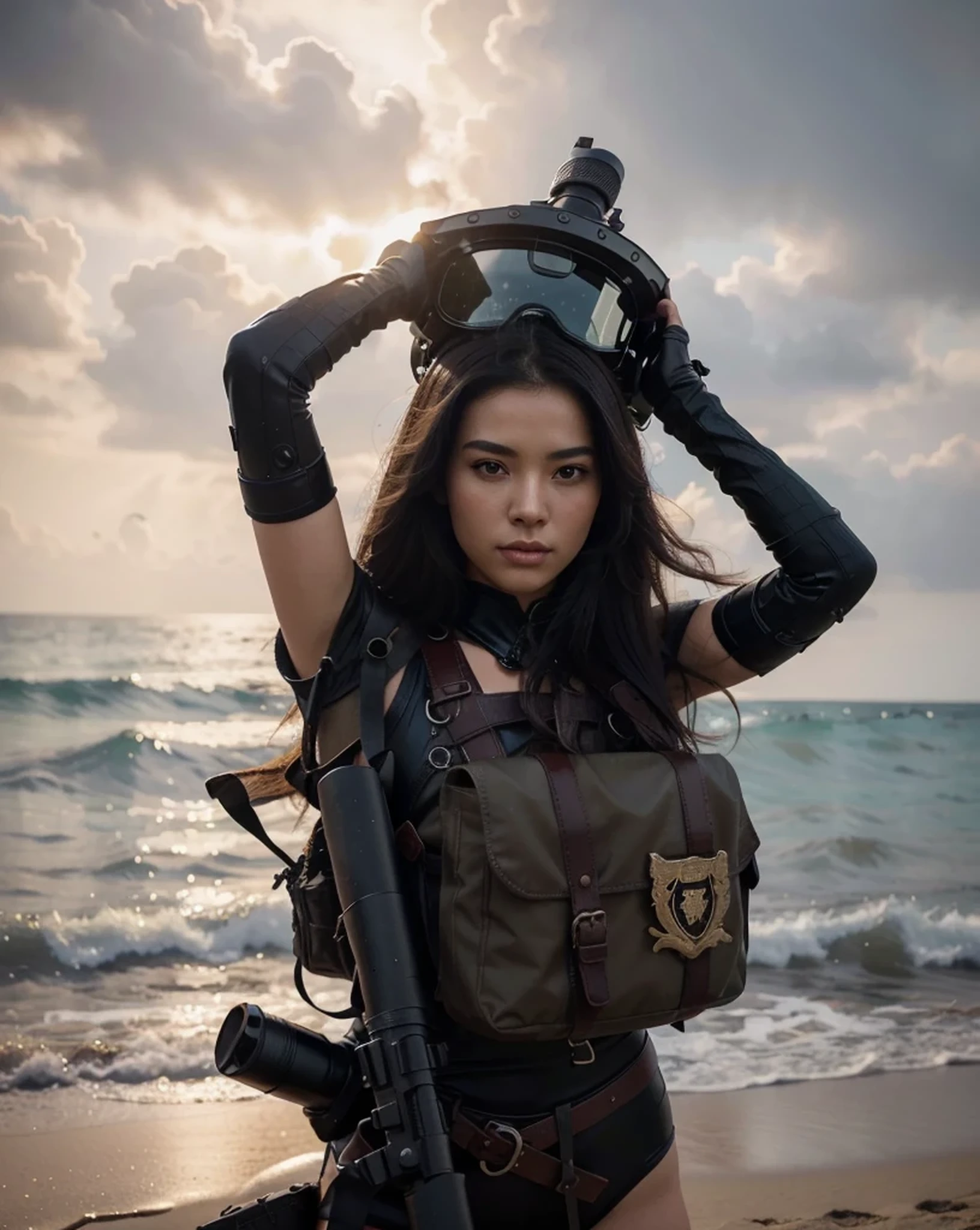 Very beautiful female soldier, the most beautiful Chinese features, Highly detailed face, very long black hair, Military black swimsuit, Belt and harnesses with ammunition, military bag, Black leather gloves, holds a snorkel mask, has a rifle, is on a realistic ultra-realistic Beach, 4k, Ultra detailed image, realistic, Highly detailed, perfect composition, gorgeous, Intricately detailed, incredibly detailed, Art photography 8K, hyper detailed, Masterpiece, Ultra detailed, hyper realistic