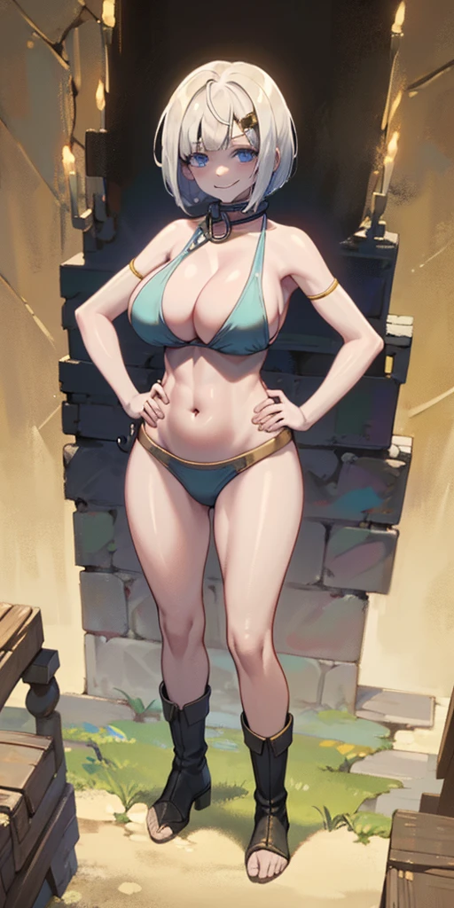 woman full body toe to head, short bob white hair, feet together, high boots, big breast big knockers, hands on hips, black bikini, leather choker collar with bell, belly navel, lustful smirking smile face, plain background