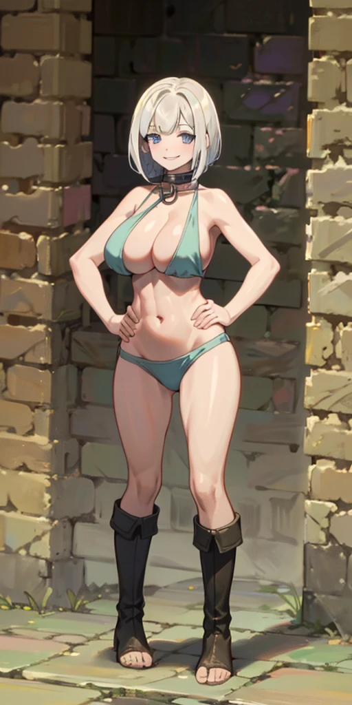woman full body toe to head, short bob white hair, feet together, high boots, big breast big knockers, hands on hips, black bikini, leather choker collar with bell, belly navel, lustful smirking smile face, plain background
