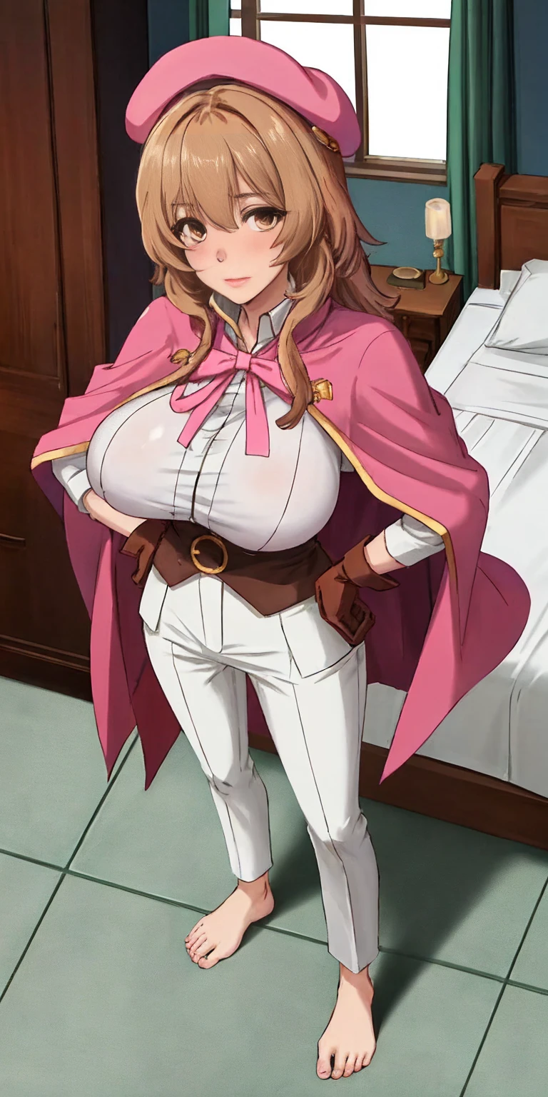 masterpiece, best quality, full body, barefoot, solo, female, big breast, feforrest, beret, pink capelet, pink tunic, white pants, brown gloves, upper body, looking at viewer, shy, from above, mansion, room, finely decorated room, pink theme, big breast but cover, hands to hip