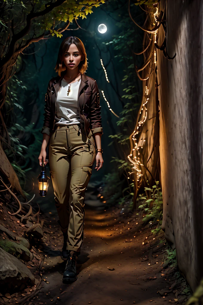 Lida girl, sweaty brunette, (khaki pants with bags and zippers on the legs), tight short jacket, she walks through a dark ravine holding a torch in her hand, seen from the side, moonlight, (deep intricate shadows, lama, shine , sparkles), full HD