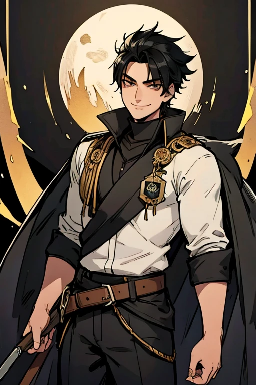 Perfect face. Perfect hands. A black haired male cowboy with golden eyes and black fox ears and a black fox tail in a sheriff's outfit is exploring a mine with a big smile