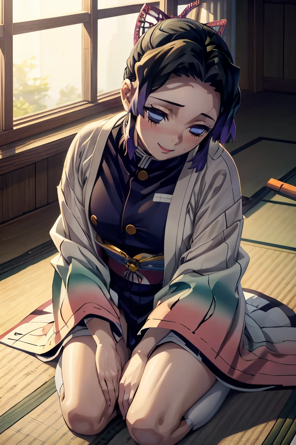 8k, raw photo, masterpiece, extremely detailed, best quality, only 1 girl, eft_shinobu, nsfw, beautiful girl, high quality, (looking up the viewer), view from above, front view, close up model, 18 years old, lewd smile, bitch, lewd, blush, (a girl begs the viewer to have sex with herself), sweat drop, shame, drool, love juice, sitting, indoor, Japanese room, tatami