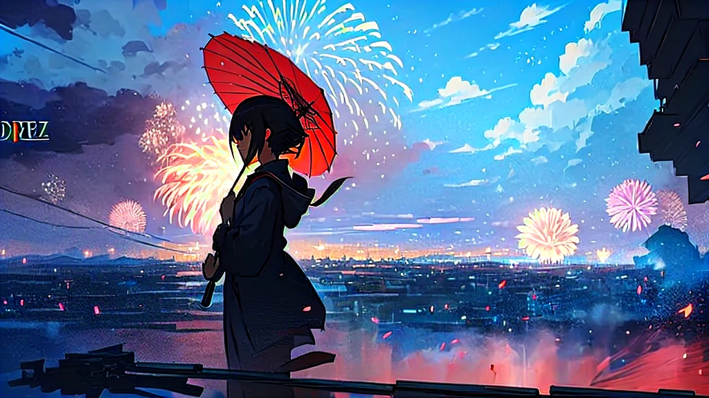 anime girl with umbrella looking at fireworks in the sky, firework, fireworks in the background, fireworks, [ fireworks in the sky ]!!, Inspired by Shinsui Ito, Anime atmosphere, fireworks in background, Gweiz-style artwork, Conrad Rothe and Makoto Shinkai, Beautiful artwork illustration, Anime-style artwork, Anime Style 4k