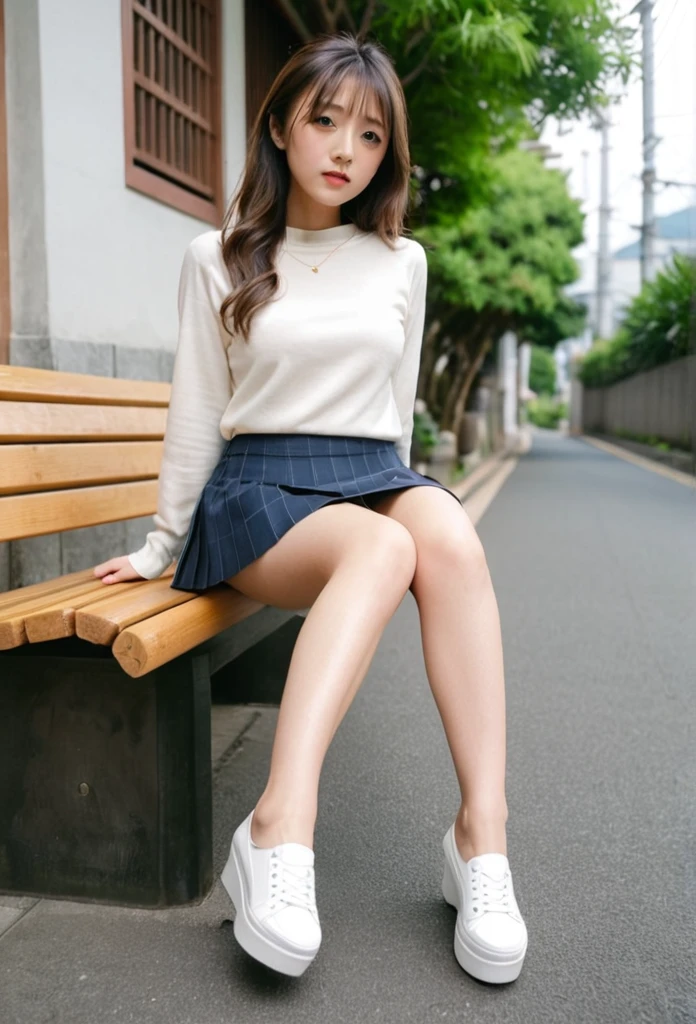 foot、Photographed from the front、mini skirt、No underwear、Sit on a bench with your legs spread apart、Showing the inside of the skirt、Take secret photos、Low angle shooting