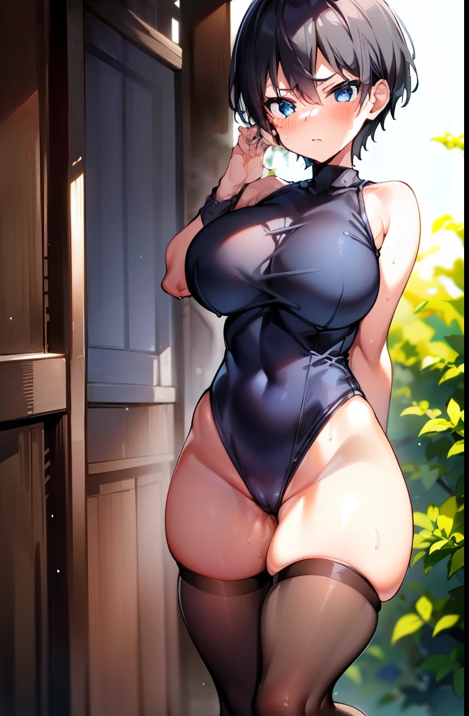 boyish,Very short hair,Black Hair,Large Breasts,Black leotard,High leg,blush,Serious face,blue eyes,forest,Sweat,Full body view