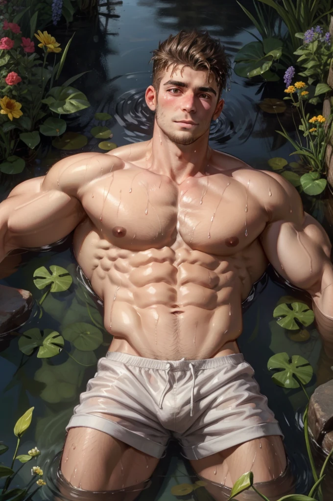 masterpiece, Best Quality, 1 male, adult, elegant, Tall and muscular boy, wide shoulders, finely detailed eyes and detailed face, Extremely detailed CG unity 8k wallpaper, intricate details, The pond is filled with showy flowers, A man lying on his back comfortably in it, From directly above, shirtless, Cowboys, Wet, showy, Artistic, depth of field