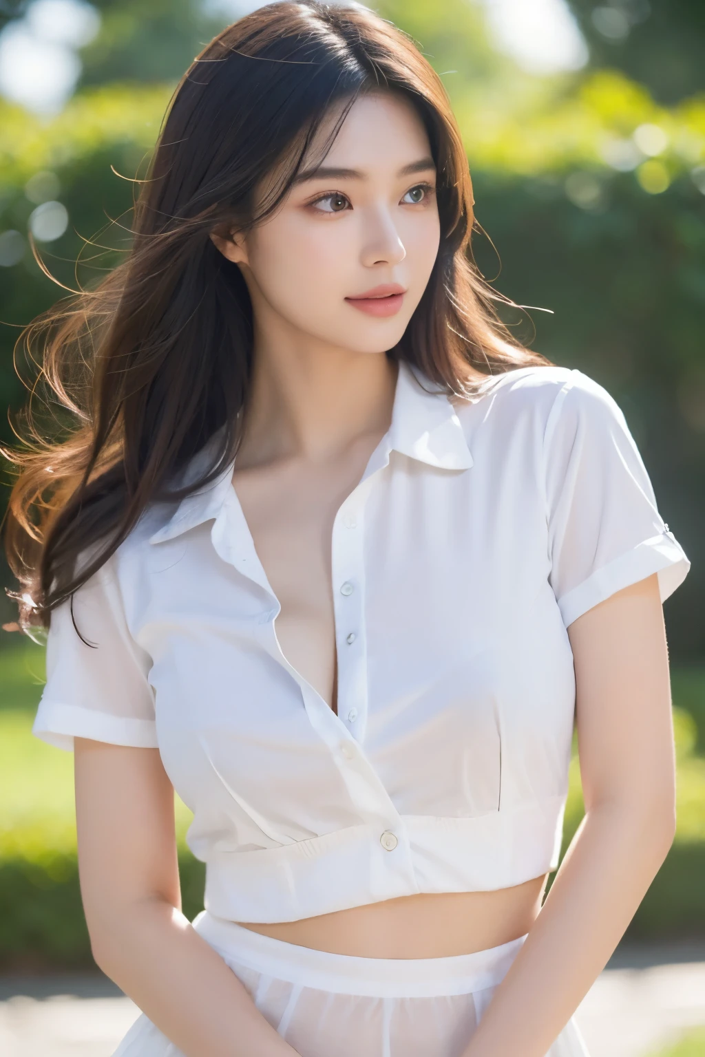 (Highest quality, Tabletop, 8k, Best image quality, Award-winning works), 1 female college student, 22 years old, (alone:1.1), Perfect beautiful composition, ((whole body:1.3)), (Naturally huge breasts:1.2), (Accentuate your body lines:1.1), Slender body, ((Black underwear is inside the cover of the unbuttoned shirt)), Look at me and smile, (Beautiful park background with strong blur:1.1), The most natural and perfect beauty park、Perfectly maintained park, ((Random sexy poses:1.3)), Natural Makeup, Ultra-high definition beauty face, Ultra HD Hair, Ultra-high definition sparkling eyes, (Ultra-high resolution glossy skin:1.1), Ultra-high quality glossy lips, Accurate anatomy, (very bright and vivid:1.1), (long dark brown wavy hair), Ultra high definition body, Ultra-high precision needle
