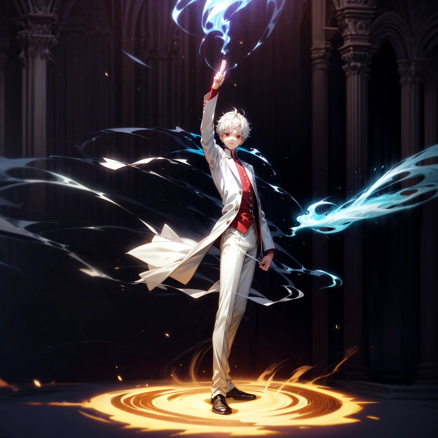 Solo, vampire, boy, Full body version, light red eyes, wavy haircut, white color hair, suit style outfit, Grassroots, full background indoor room Castle, motion blur, lighting, (one piece style art), light fire on hand, light fire in hand, standing gesture, light fire blue, smoke effect, plasma effect, aura effect, evening, ultra detailed
