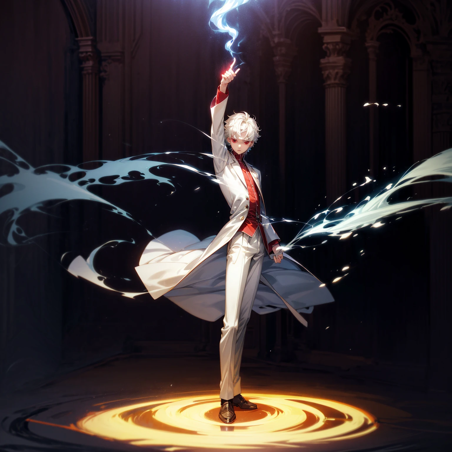 Solo, vampire, boy, Full body version, light red eyes, wavy haircut, white color hair, suit style outfit, Grassroots, full background indoor room Castle, motion blur, lighting, (one piece style art), light fire on hand, light fire in hand, standing gesture, light fire blue, smoke effect, plasma effect, aura effect, evening, ultra detailed