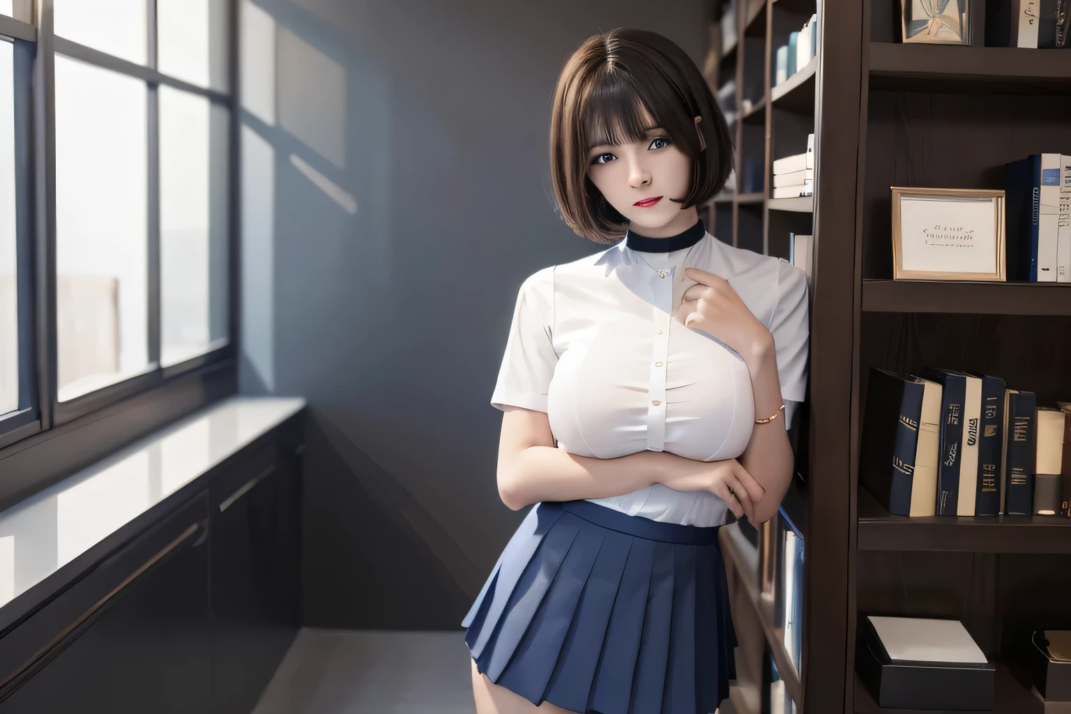 Highest quality、masterpiece、Group photo、((Layered Haircut)),（8k，Highest quality），Full Body Shot，Shot from medium distances，Academy ，student，Open-collar shirt、Wear a JK skirt，Bust up photo、 Adorable， smile， length, Brown Hair， 32K, masterpiece， Best image quality，Ultra-high resolution，Perfect hands，Black choker、blue eyes、bangs、Very lush and long eyelashes、uniform, Summer clothes、((Big Breasts)), ribbon, middle ages, Private room, Interview room, Bookshelf, Display Cases