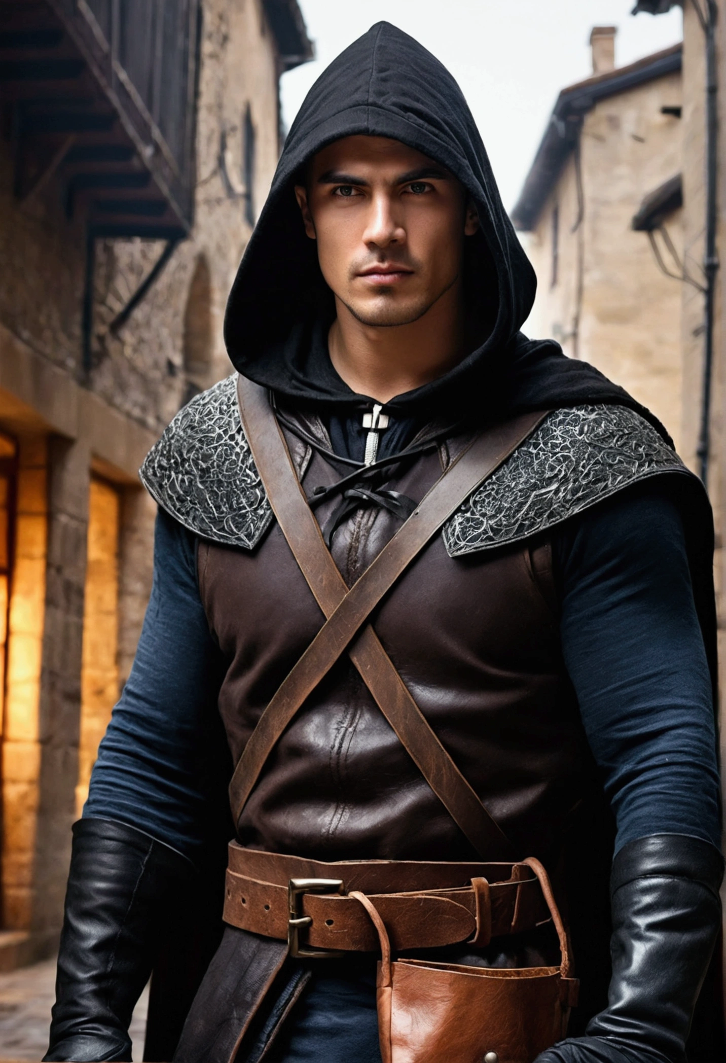(Absurd, High resolution, Super detailed), 1 male, Adult, good looking, Muscular face, Broad shoulders, Detailed drawn eyes, Short black hair, Brown eyes, Black Cape, Wearing a hood, Leather Vest, Leather bag on waist, Two daggers on the belt, city, Medieval atmosphere, Natural light and shadow, The man is surrounded by bright particles., wonderful, mysterious, Bright glow,  Sitting posture, Serious expression, cold, Thoughtful, Shut your mouth