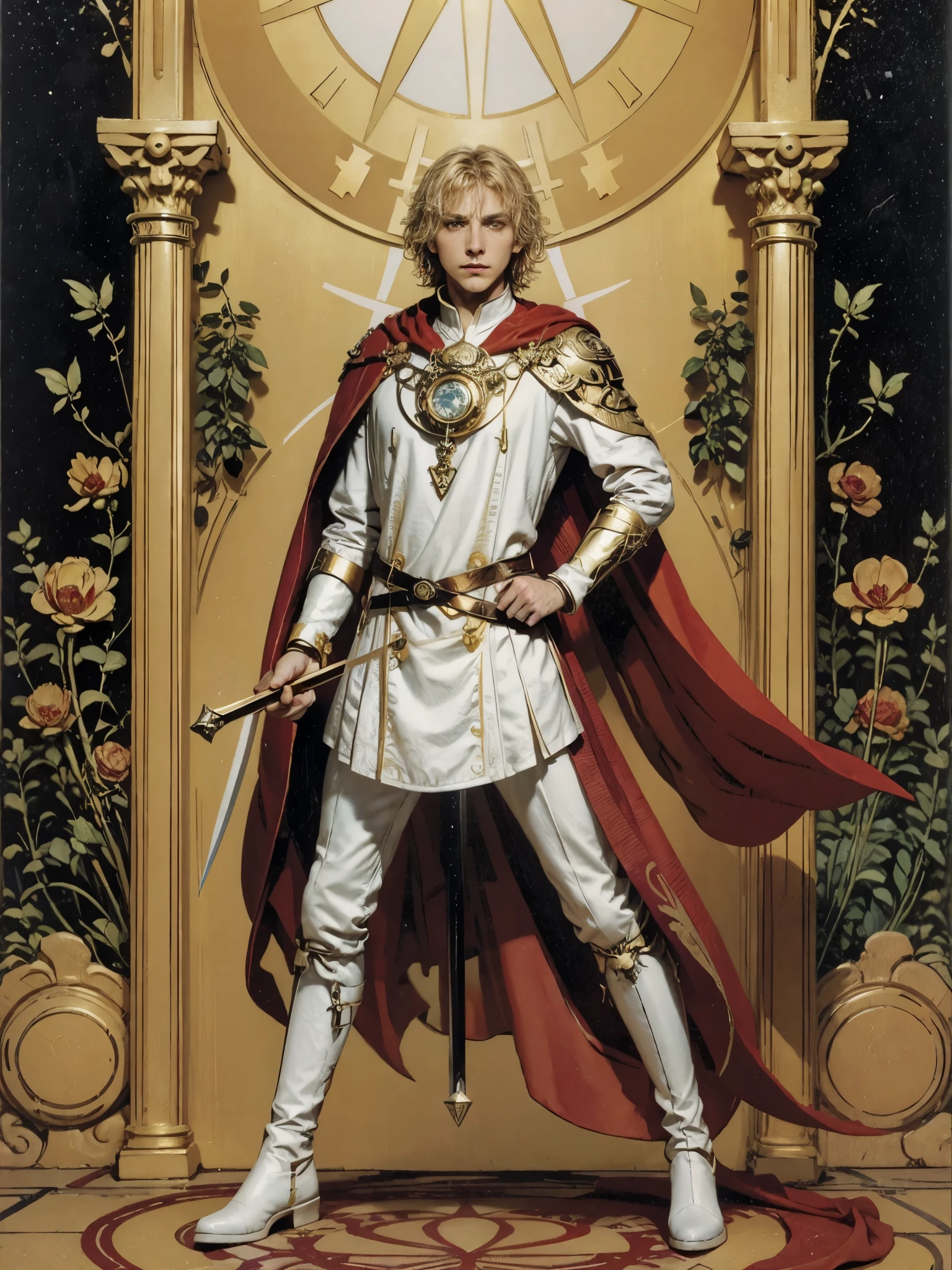 (masterpiece, best quality:1.2),illustration art,work of art, best qualityer, 1 men, grown-up, medium blonde hair, Oh sleep \(tarot\), wearing a red and gold armor,white cape,golden gloves,white boots,holding a sword,symbolism,visual artwork, occult, universal,Vision casting, philosophical, iconography, numerology, Popularity,artistic,Alfons Mucha