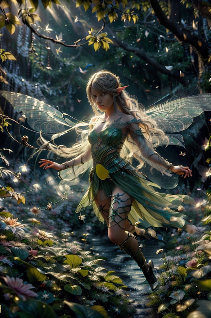 Epic close-up photo portrait, amazing Movie poster, a beautiful young fairy，With wings., Lord of the Rings style, Wearing long, soft bright green cloth , Hold the knife to your chest，Looking fierce, Beside the stream, Natural light, Beautiful forest visible through tree branches, ArtStation Trends,Professional photo studio, HD, hello details, dramatic lighting, Backlight,best quality, high quality, High resolution, Morning dew natural sunlight, Studio lighting,Improved details, High resolution array, Depth of Field, Movie, Line art, sharpen.