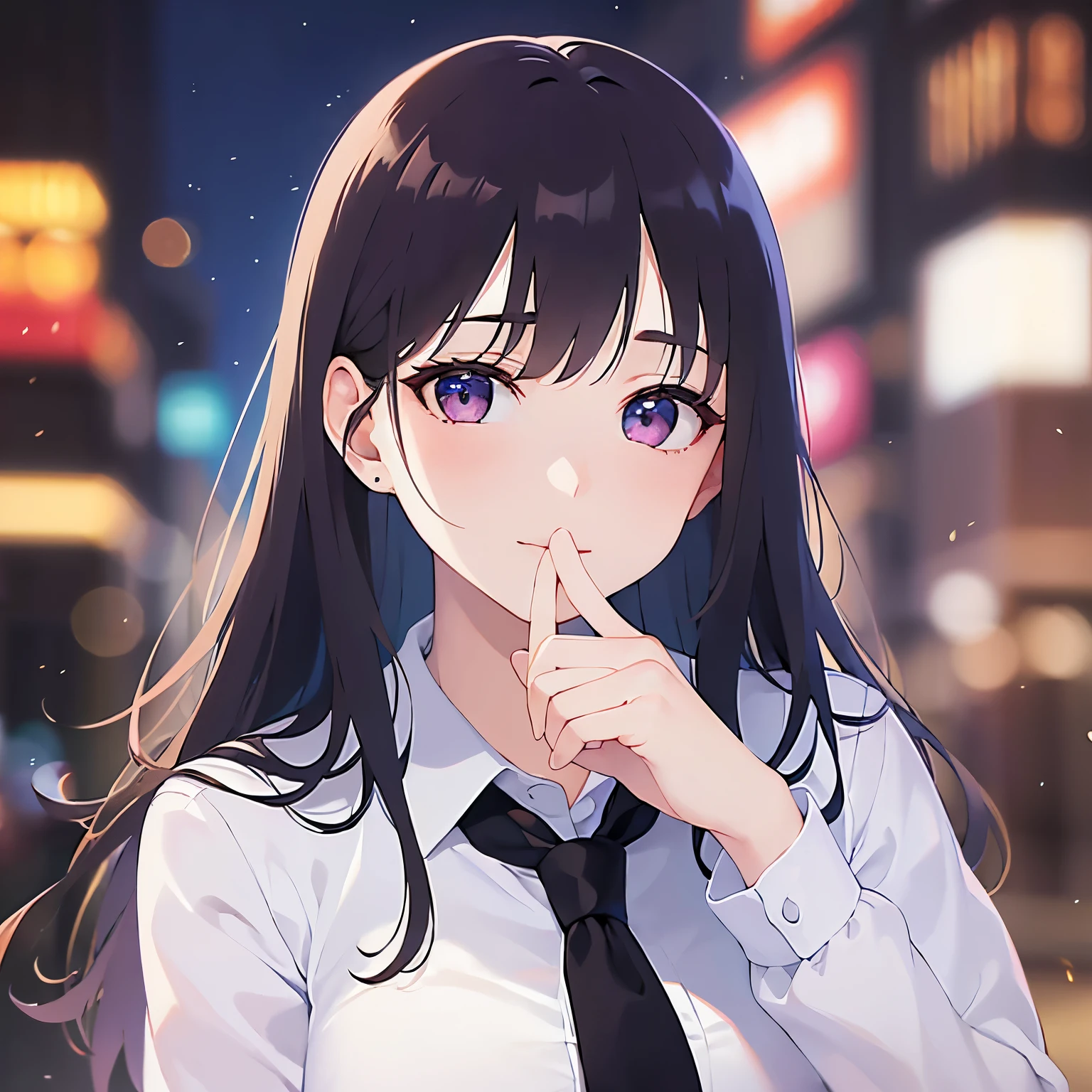 Looking up、 (finger to mouth:1.5)、
Realistic, real person, (pale skin: 1.2), RAW photo, photorealistic, shiny skin, shiny hair、
(A 25-year-old woman with straight hair and bangs) and (medium hair) and (black hair) and (purple eyes) , 
(Wearing a business suit) and (Wearing a white collared shirt)、
Cleavage、The background is the city at night,（Night Sky：1.5）