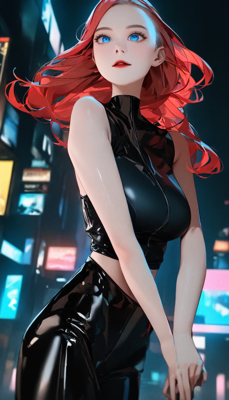 best quality、masterpiece、1 名girl、black background、Red lips, Standing，Slightly sideways，Show your feet，Black leather boots，best quality, 高分辨率 masterpiece , girl ,Large Breasts. very long red hair , ((Shining blue eyes)) , slope , Perfect body , ( Technical clothing:1.2) , Cyberpunk , Get your gun ready?.future , Modern , in Cyberpunk city, A faint smile , Delicate face ,, , (8K, 最high quality 1.2), Very detailed, 8K uhd,, Soft lighting, high quality, Film Grain, (Movie:1.4) ,Perfect body , Optimal lighting, Best shadow, sharpest, Compared,