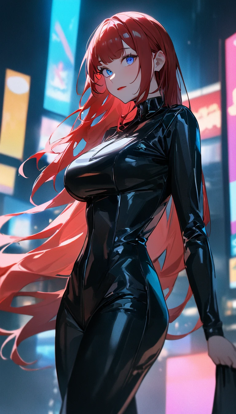 best quality、masterpiece、1 名girl、black background、Red lips, Standing，Slightly sideways，Show your feet，Black leather boots，best quality, 高分辨率 masterpiece , girl ,Large Breasts. very long red hair , ((Shining blue eyes)) , slope , Perfect body , ( Technical clothing:1.2) , Cyberpunk , Get your gun ready?.future , Modern , in Cyberpunk city, A faint smile , Delicate face ,, , (8K, 最high quality 1.2), Very detailed, 8K uhd,, Soft lighting, high quality, Film Grain, (Movie:1.4) ,Perfect body , Optimal lighting, Best shadow, sharpest, Compared,