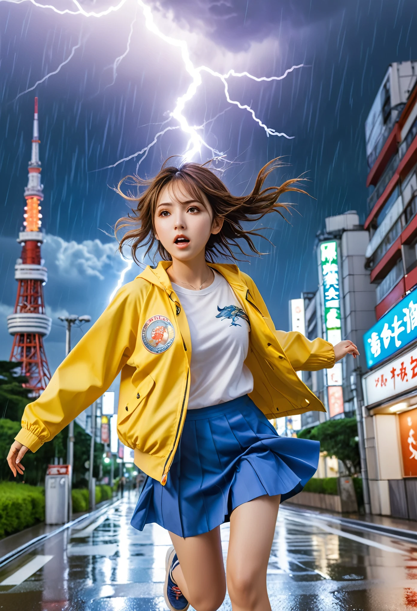 Light blue long hair、Twin-tailed Girl, Flowing hair and a stern face, Running through the city、Tokyo Tower in the background、Lightning on Tokyo Tower、Heavy rain and thunder、Splash Art、White owl flying in the sky、She is wearing a yellow oversized jacket., Casual T-shirts, and short skirt, Complement with sneakers. Lightning from the sky、 A flash of light runs、Face Highlights、The girl is depicted in an action pose, Release your energy and sense of adventure, A gentle breeze blows through her hair. anime girl in a field with lightning in the sky, goddess of lightning, Splashes of lightning behind her, with lightning, detailed lighting and thunder, she is attracting lightning, 