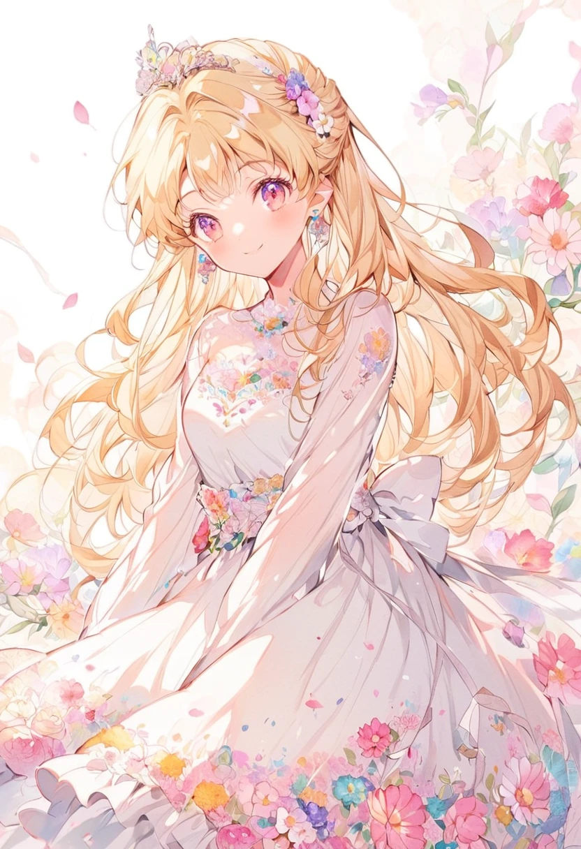 A girl wearing a dress that looks like a wedding dress。The girl has fluffy blonde hair.。The girl is smiling。whole body。The dress is embroidered with colorful flowers.。watercolor。Anime Style。