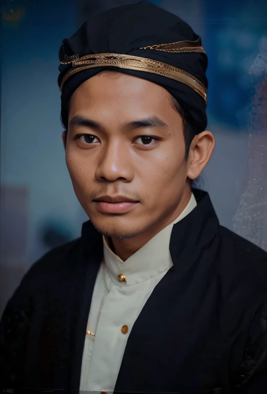 A 30-year-old Indonesian man wears a black head covering in combination with gold. And the traditional Javanese clothes in black and white clothes, clear, detailed, focused, contrasting, realistic. 8k