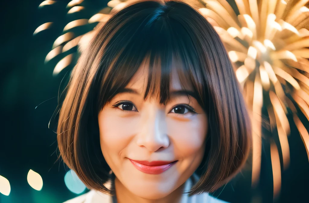 神秘的なFireworks displayを背景に浴衣姿の60 years old日staffwomanのワイドショット:　Rainbow fireworks　Upper Body　60 years old　Wrinkles on the face　Straight Hair　Straight hair　Bright brown hair　Very straight hair　Tidy short hair　staff　woman　Has bangs　Very straight hair Neat short hair　Brown Hair　Straight-haired hair　Straight Hair　Brown Hair　Beautiful hair, shiny hair　Japan Fireworks display　short hair　The background is fireworks　Fireworks at night　Beautiful fireworks as a background　( The light from the fireworks makes your hair look beautiful :1.2)( sharpen ), (Purelos Face_v1:0.7), (8k, Highest quality), Unconscious, Open Eyes, High resolution, original, (Flat Color:0.9),(masterpiece:1,2), Highest quality, masterpiece, High resolution, original Viewer&#39;s point of view, alone, Portrait, Mature Woman Body Set, A slight smile, While staring at this,Natural Wrinkles, Wrinkles around the eyes, surreal, Natural Skin, Natural Hair Color, Bright red lips 　Fireworks display: 1.5, unity 8k wallpaper: 1.3, High accuracy: 1.1. Stylish snapshots, yukata: 1.1, Fireworks display: 1.1.